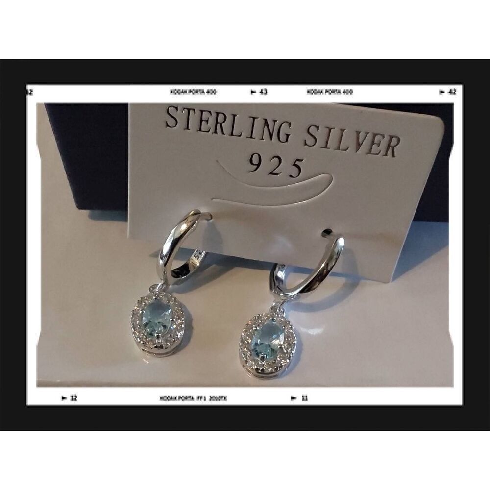 New~925 SS Oval Aquamarine & White Sapphire Leverback Dangle Earrings